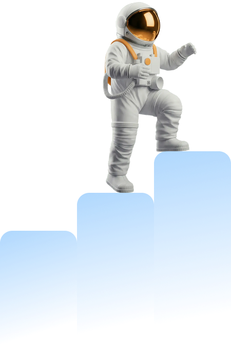 Astronaut standing on ascending blue steps representing growing brand context