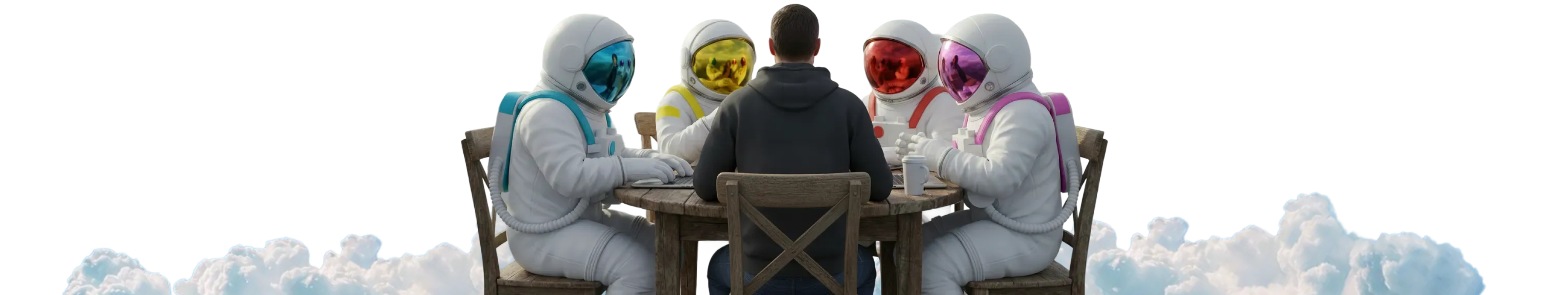 Astronauts in colorful helmets sitting together at a table with a human, representing AI and human collaboration